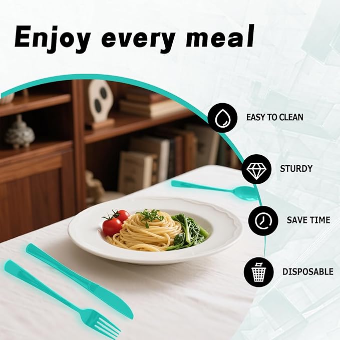 150 Pack Disposable Plastic Silverware, Heavy Duty Light Green Plastic Cutlery Set Includes 50 Forks 50 Knives 50 Spoons for Birthday Wedding Party Picnics (150, Light Green)