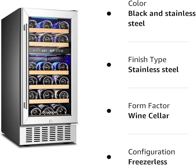 AAOBOSI 15 Inch 28 Bottles Wine Fridge,41-68°F Dual Zone Wine Cooler, Visualized Temperature Regulation, Designed For Large Wine Bottles, 5 Adjustable Shelves,Temperature Memory Function