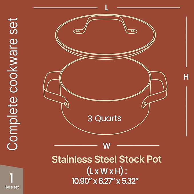 Bakken 3 Quart Ceramic Coated Stock Pot with Lid, Easy to Clean Nonstick Pot, Tempered Glass Lid, Riveted Stainless Steel Handles, Oven Safe Up To 500°F, PTFE & PFAS Free, All Stove Compatible, Cream