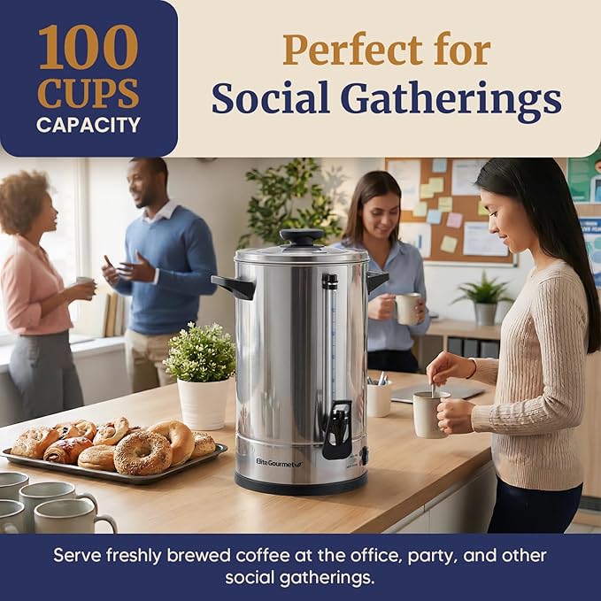 Elite Gourmet 100-Cup Commercial Coffee Urn/Water Boiler, Dual Wall Insulated, Fast Brew 1 Cup/Min, Dual Indicator Lights, Keep Warm, Dripless Faucet, Stainless-Steel