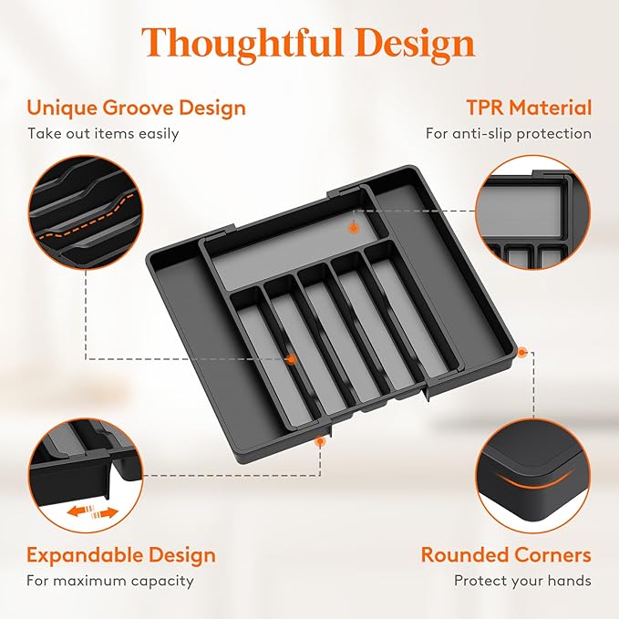 Lifewit Silverware Drawer Organizer, Expandable Utensil Tray with Non-Slip TPR, Deep Flatware Cutlery Holder, Adjustable Plastic Kitchen Storage for Spoons Forks Knives, Large, Black and Gray