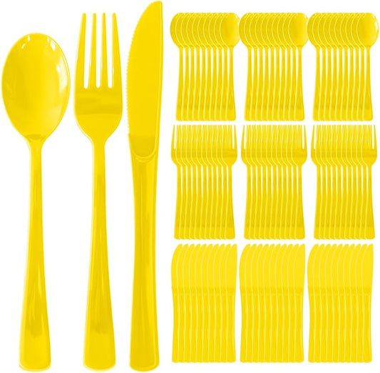 150 Pack Disposable Plastic Silverware, Heavy Duty Yellow Plastic Cutlery Set Includes 50 Forks 50 Knives 50 Spoons for Birthday Wedding Party Picnics (150, Yellow)