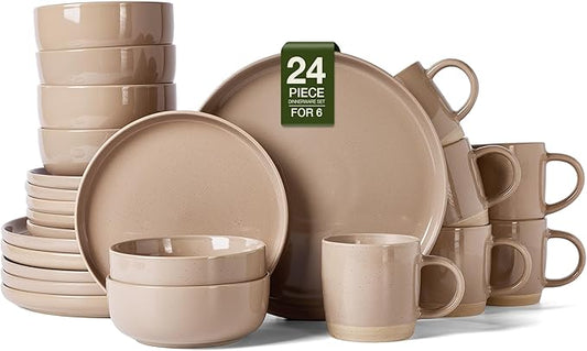 Famiware Milkyway Stoneware Dinnerware Sets with Mugs, Service for 6 (24 Pieces), Plates and Bowls Sets -Scratch Resistant, Microwave and Dishwasher Safe Dishes Set, Cinnamon Brown