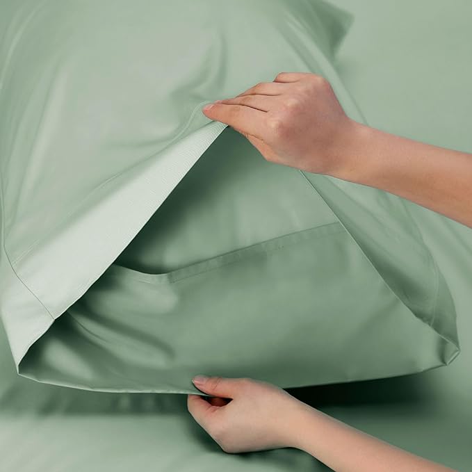 Bedsure California King Sheet Sets, Cooling Sheets, Rayon Derived from Bamboo, Breathable & Soft, Deep Pocket Up to 16 Inches, Hotel Luxury Silky Bedding for Hot Sleepers, Sage Green