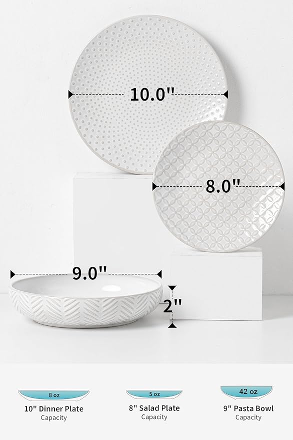 12-Piece Embossed Dinnerware Set–4 Dinner Plates,4 Salad Plates,4 Pasta Bowls,Ceramic, Dishwasher & Microwave Safe,Elegant Rustic Tableware for Family Use