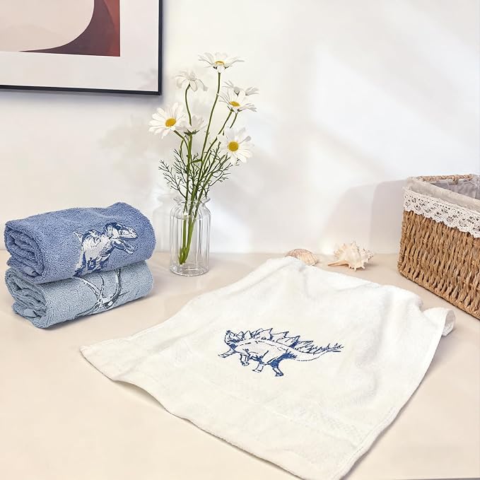 3 Pcs Dinosaur Decorative Hand Towels for Bathroom 13.5x29.5in Funny Dino Embroidered Bathroom Towels, Soft Absorbent 100% Cotton Hand Towels for Bath Room Kitchen(Blue)