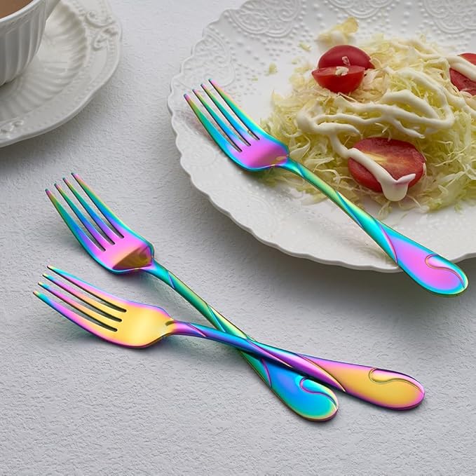 Rainbow Salad Fork Set, 6.9-inch Stainless Steel Dessert Forks, 6-Piece Shiny Metal Small Cake Fork, Iridescent Silverware Set, Dishwasher Safe