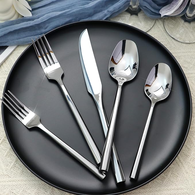 Silverware Set 20-Piece Stainless Steel Mirror Polishing Silver Cutlery, Hand Forged Thick Hexagon Handle Flatware Sets, Service for 4