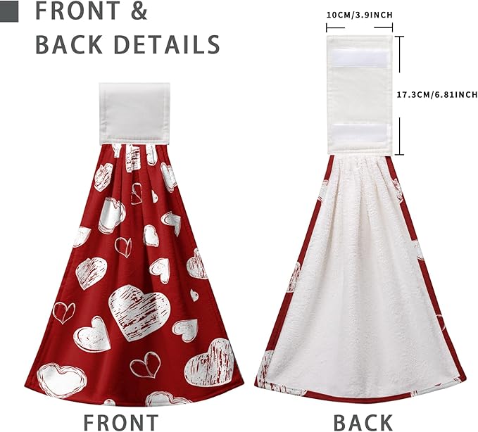 Valentines Heart Hanging Kitchen Towels Red Valentine's Day Hand Tie Towels Home Decorations Holiday Soft Absorbent Dish Towel with Hanging Loop for Bathroom Kitchen
