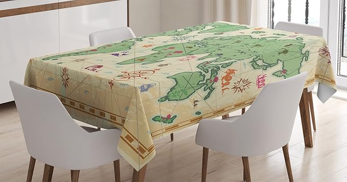 Ambesonne World Map Tablecloth, Retro Map of The World with Trees Volcanos and Mountains Boho Artprint, Rectangular Table Cover for Dining Room Kitchen Decor, 60" X 90", Cream Green