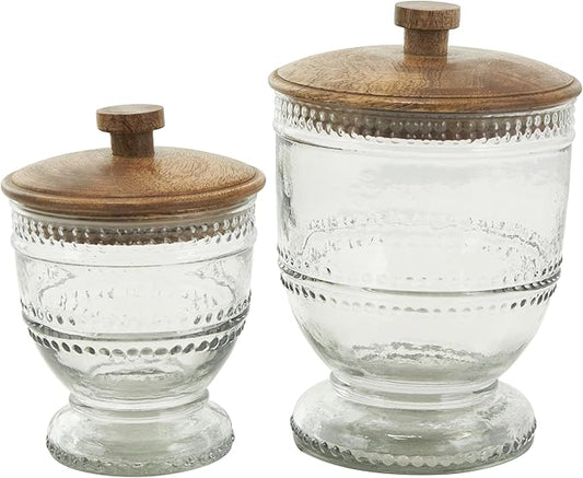 Deco 79 Glass Living Room Decorative Jars Beaded Decorative Container with Wood Lids, Set of 2 Jar with Lid 8", 7"H, Clear