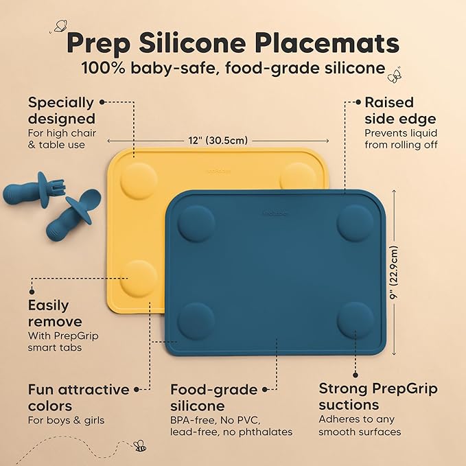 KeaBabies 2-Pack Silicone Placemats for Toddlers - 12x9 Non Slip Suction Baby Silicone Placemat for Kids Eating, Easy to Clean, Busy Travel Baby Mat for Dining Table, Food Grade/BPA-Free (Valiant)