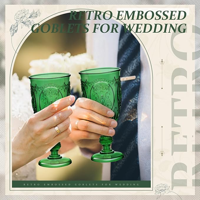 24 Pcs Plastic Goblets 7.5oz Vintage Goblet Plastic Wine Glasses Colored Retro Embossed Water Goblets for Wine Bar Juice Baby Shower Wedding Reception Grand Event Party (Dark Green)