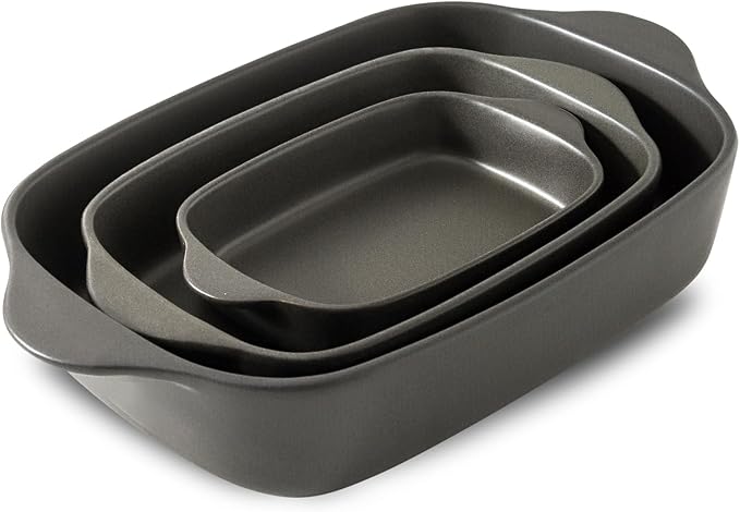 Casserole Dishes for Oven, Stoneware Baking Dishes Set of 3, Ceramic Baking Pan, Deep Rectangular Lasagna Pan, Farmhouse Bakeware Sets for Christmas Gift, (14.9"/12"/8.8"), Matte Black