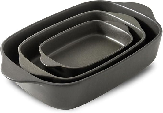 Casserole Dishes for Oven, Stoneware Baking Dishes Set of 3, Ceramic Baking Pan, Deep Rectangular Lasagna Pan, Farmhouse Bakeware Sets for Christmas Gift, (14.9"/12"/8.8"), Matte Black