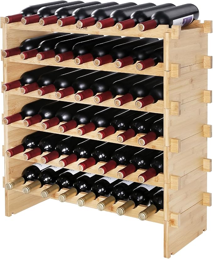 VEVOR 6-Tier 48 Bottles Stackable Modular Wine Rack, Freestanding Wines Holder Display Shelf, Solid Bamboo Wood Storage Racks, Wobble-Free Shelves for Kitchens, Dining Rooms, Cellars, Natural Color