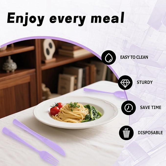 150 Pack Disposable Plastic Silverware, Heavy Duty Lavender Plastic Cutlery Set Includes 50 Forks 50 Knives 50 Spoons for Birthday Wedding Party Picnics (150, Lavender)