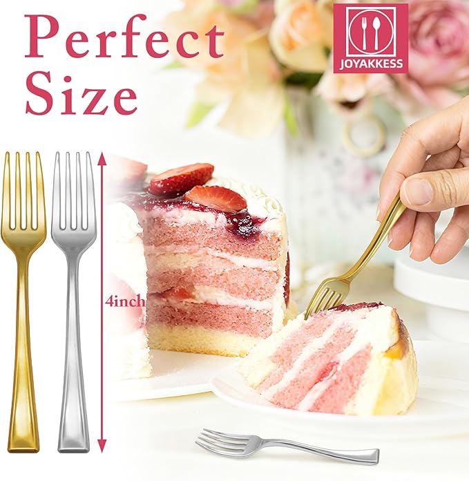 100 PCS Gold and Silver Mini Forks Heavy Duty, 4 inch Gold and Silver Plastic Fork, Mini Forks for Appetizers, Dessert Fork Disposable, BPA Free, Food Safe, Suitable for All Occasions