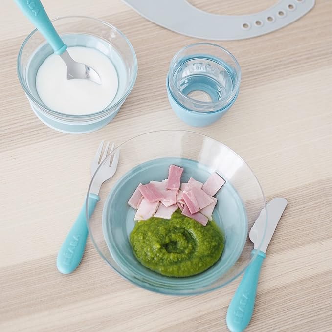 BEABA 3-Piece Glass Meal Set with Suction Pad, Toddler Plate and Baby Bowls with Suction, Non Slip Kids Dinnerware Set, 2.5x Stronger than Regular Glass, (Rain)