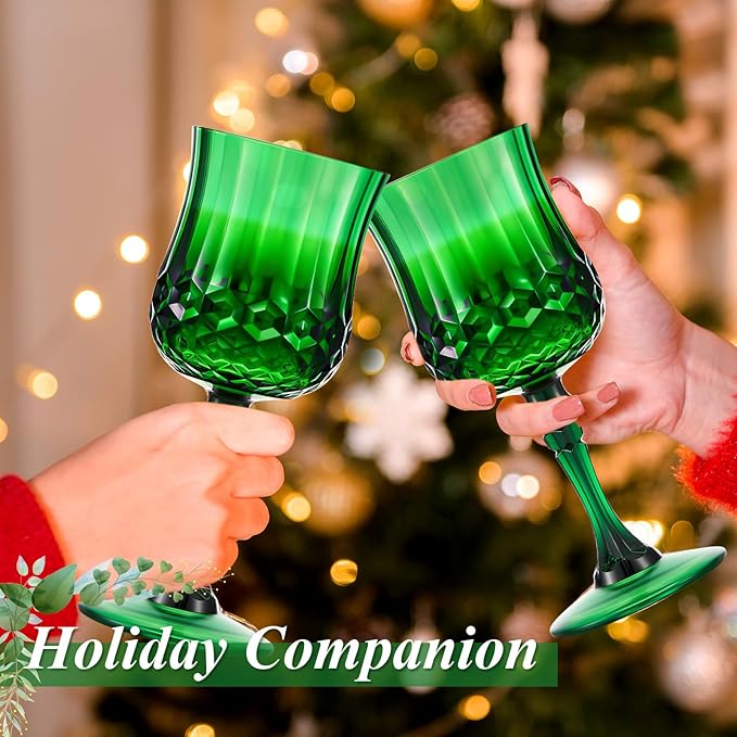 Pinkunn 12 Pcs 7 oz Plastic Vintage Wine Glasses Reusable Colored Goblets Patterned Drinking Water Glasses Cup Dishwasher Safe for Christmas Wedding Reception Party Supplies (Green)
