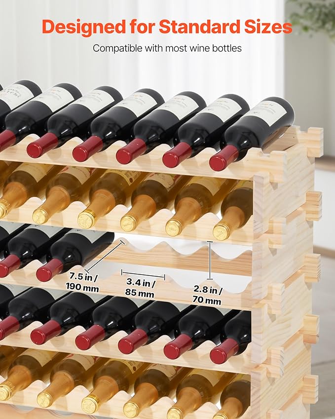 VEVOR 96 Bottle Stackable Modular Wine Rack, 8-Tier Wine Bottle Holder,Solid Wood Floor Freestanding Wine Storage Rack for Pinot Noir Bottles,for Kitchen, Cellar, and Bar, Natural