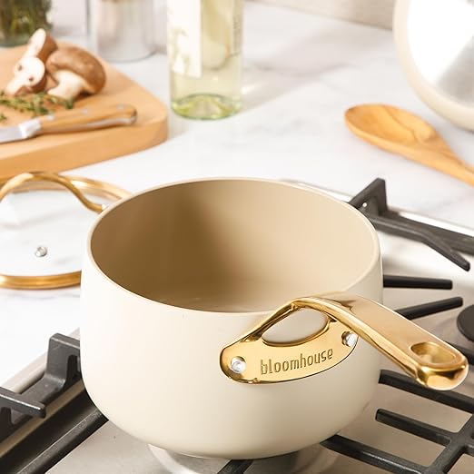 bloomhouse - Two Time Oprah's Favorite Things Winner - 3 Quart Heavy Duty Aluminum Premium PFA Free Ceramic Nonstick Saucepan with Lid - Almond Cream w/Gold Handle