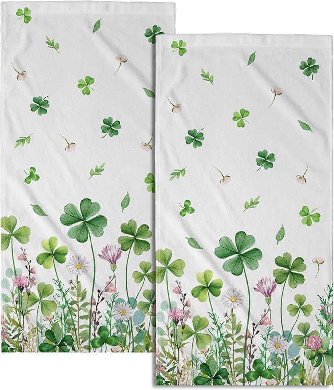 Imiss St Patricks Day Hand Towels 14.4 x 28.3 Inch Green Shamrock Floral Kitchen Dishcloth Seasonal Spring Decorations Guest Towel for Holiday Bathroom Hotel,Pack of 2