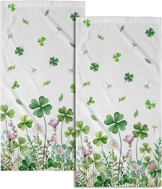 Imiss St Patricks Day Hand Towels 14.4 x 28.3 Inch Green Shamrock Floral Kitchen Dishcloth Seasonal Spring Decorations Guest Towel for Holiday Bathroom Hotel,Pack of 2