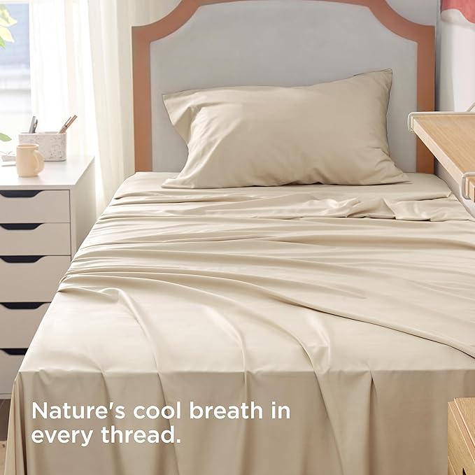Bedsure Cooling Sheets Twin XL, Rayon Derived from Bamboo, Breathable & Soft Twin XL Sheet Sets, Deep Pocket Up to 16 Inches, Hotel Luxury Silky Dorm Bedding for Hot Sleepers, Beige