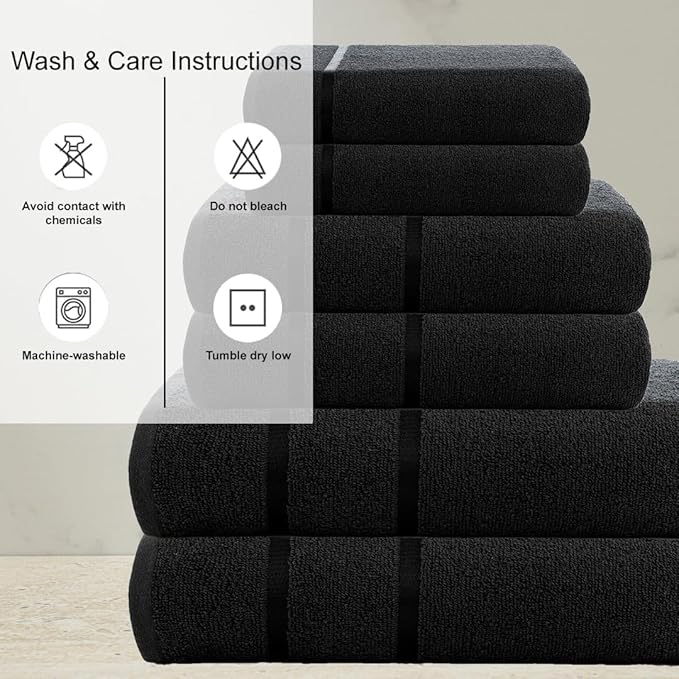 CASA COPENHAGEN Eternal 6 Pieces Towel Set- Dark Black, 500 GSM 2 Bath Towel 2 Hand Towel 2 Washcloth, Designed in Denmark Made of Soft Egyptian Cotton for Bathroom, Kitchen & Shower
