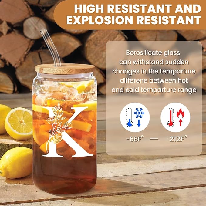 SANDJEST Monogrammed Gifts for Women - Monogram K Initial Glass Cup 16 Oz Can Coffee Cups with Lid and Straw - Monogram Initials Gifts for Womens on Birthday