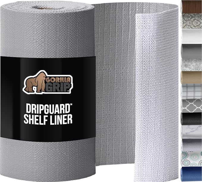 GORILLA GRIP DripGuard Shelf Liner, Non Adhesive Drawer and Kitchen Cabinet Protector, Slip Resistant BPA Free Smooth Surface Plastic Liners for Cabinets, Bathrooms, Closets, 12x240 Inch, Gray