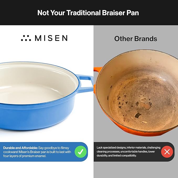 Misen 5.5 QT Braiser – Enameled Cast Iron Pan for Searing, Braising & Slow Cooking – No-Chip Enamel Coating – Extra-Wide Handles – Superior Heat Retention & Even Cooking - Blue