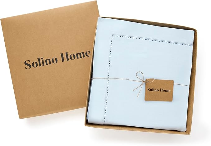 Solino Home Light Blue Tablecloth 58 x 120 Inch - Cotton Linen Hemstitch Rectangular Tablecloth - Machine Washable Table Cloth for New Year