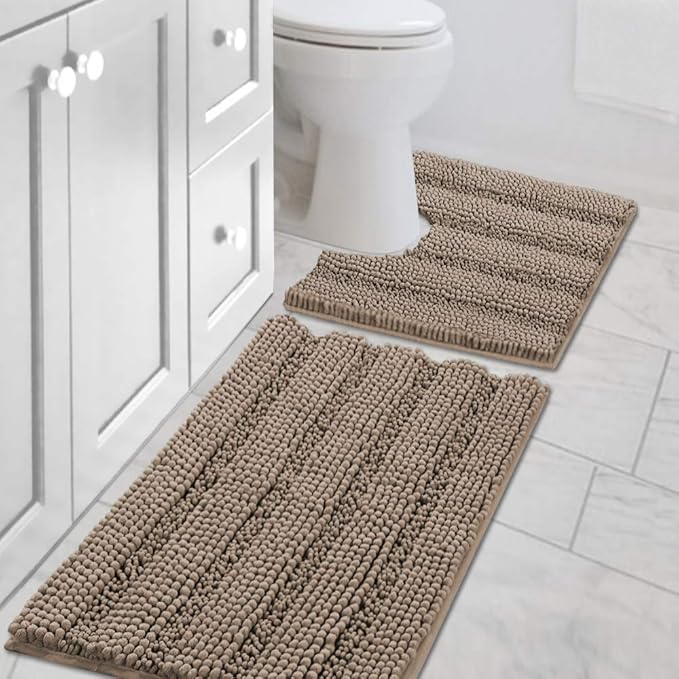H.VERSAILTEX Bathroom Rugs Bath Rug Set 2 Piece Bathroom Contour Rug Toilet Mat Sets Non Slip Contour Bath Rug Ultra Thick Water Absorbent Striped Bath Mats(20" x 32" Plus 20" x 20" U, Taupe Brown)
