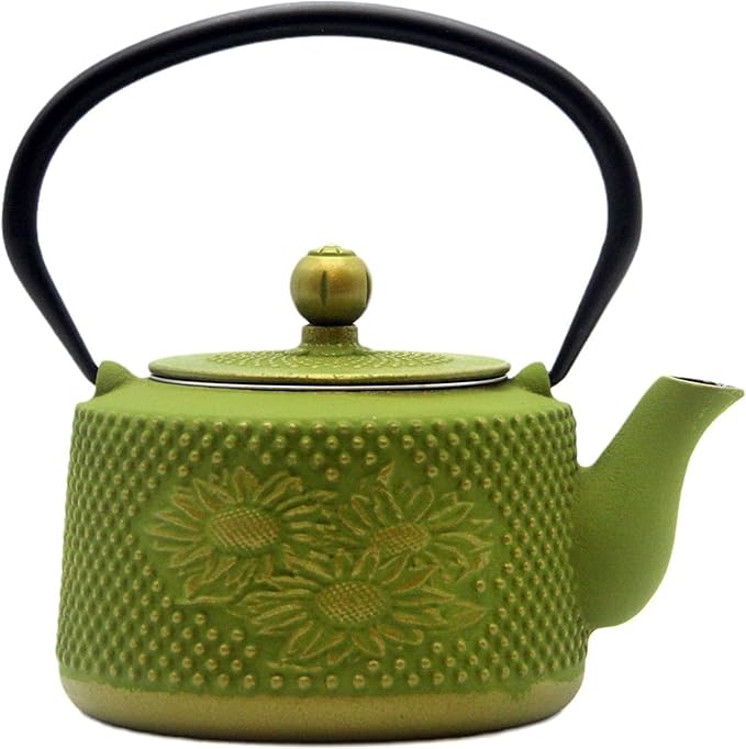 Cast Iron Teapot with Sunflower Pattern,SECHUDO Tea Kettle Coated with Enameled Interior for Loose Tea,Green Cast Iron Teapot with Stainless Steel Infuser for Stovetop Safe (28.7oz/850ml)