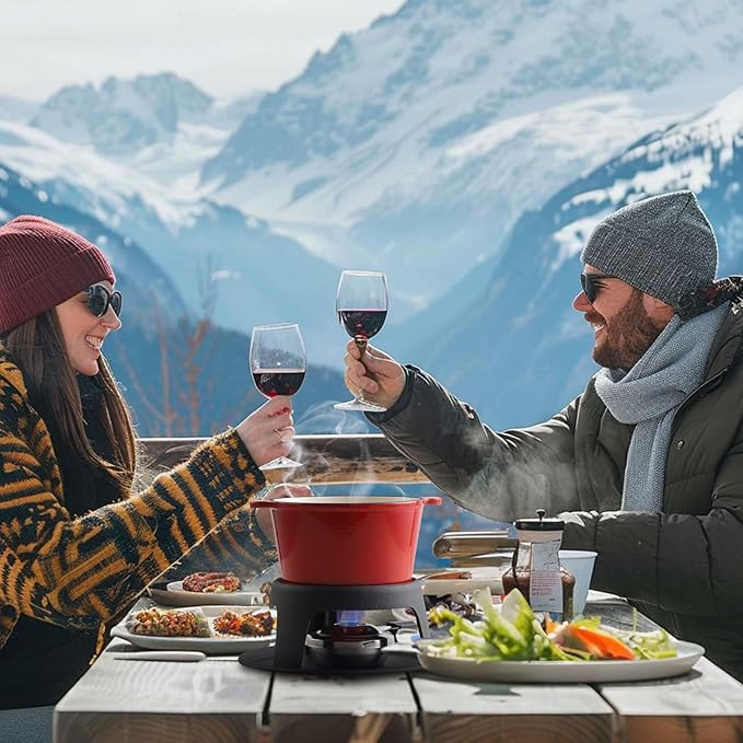 Artestia Cast Iron Cheese Fondue Pot for Chocolate Fondue Pot Swiss Fondue Set for Camping Outdoor with 6 Fondues Forks, 11-Piece Cheese Fondue Sets Serve 6 Persons (Red)