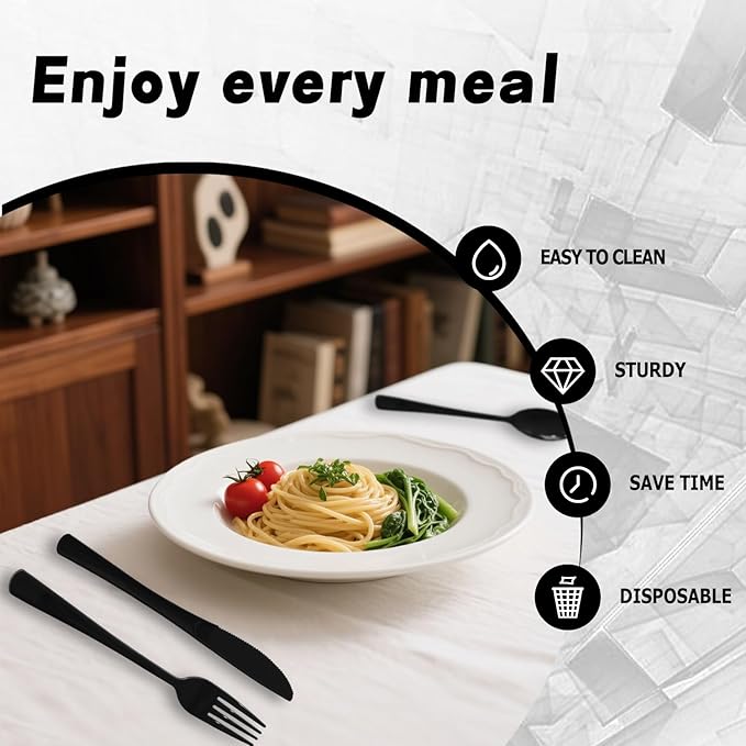 300 Pack Disposable Plastic Silverware, Heavy Duty Black Plastic Cutlery Set Includes 100 Forks 100 Knives 100 Spoons for Birthday Wedding Party Picnics (300, Black)