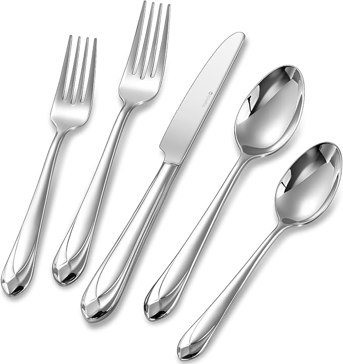 KEAWELL Premium Astra Flatware Set, 20-Piece Service for 4 Mirror-Finished 18/10 Stainless Steel Silverware, Modern Cutlery Dishwasher Safe for Meals and Gatherings (20, Silver)