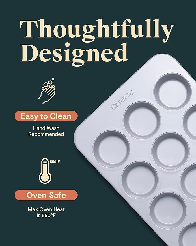 Caraway Non-Stick Ceramic 12-Cup Muffin Pan - Naturally Slick Ceramic Coating - Non-Toxic, PTFE & PFOA Free - Perfect for Cupcakes, Muffins, and More - Slate