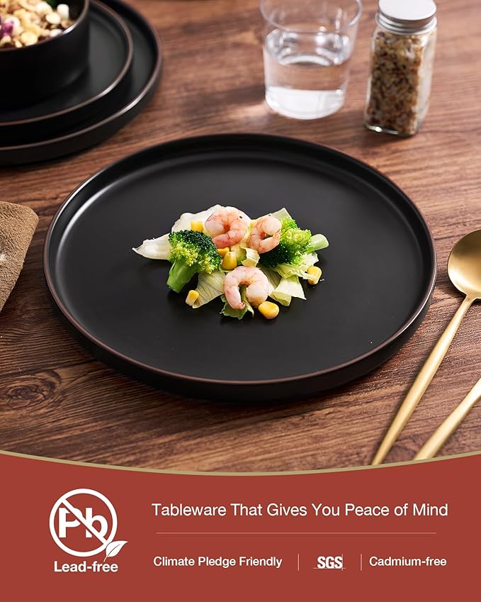 Famiware Nebula Ridge Stoneware Dinnerware Sets for 8, 24 Pieces Plates and Bowls Sets, Dishes Set, Microwave and Dishwasher Safe Kitchen Plates, Matte Black