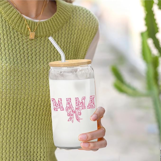 Pink Bow Mama Glass Cup with Lids and Straws 14oz, Best Mother's Day Birthday Gifts for Mama Mom Gifts from Daughters Sons Glass Iced Coffee Tumbler Drinking Jars with Cleaning Brush