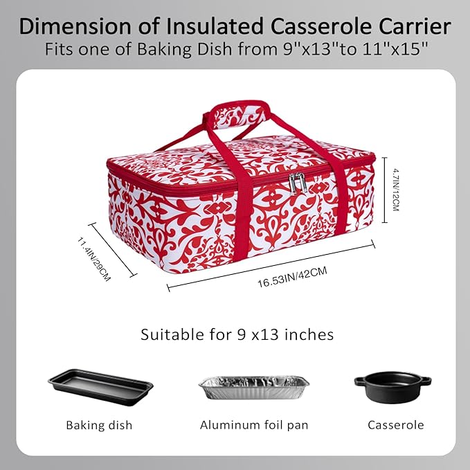 Insulated Casserole Baking Dish Carrier Portable Lunch Tote Bag Fits Up to 9"x13" Pan for Transport to Keep Food Hot/Cold for Gathering/Potluck Parties/Cookouts/Camping/Picnics/Offices-Red/white