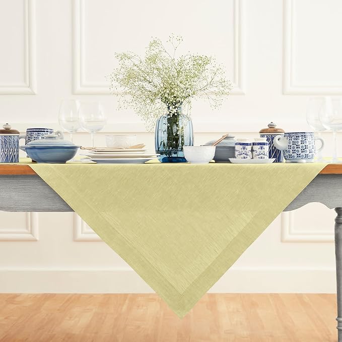 Solino Home Linen Tablecloth 52 x 52 Inch - 100% Pure Linen Square Table Throw - Athena, Machine Washable Chambray Yellow Tablecloth