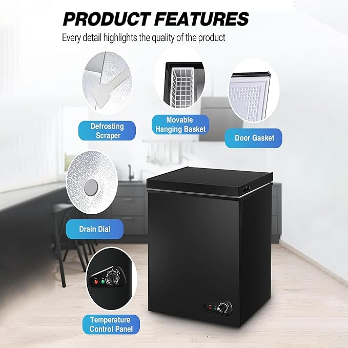 Deep Freezer, 3.5 Cu.Ft Chest Freezer, Small Top Door Deep Freezer with 7 Adjustable Temperature and Removable Basket, Energy Saving for Home Kitchen Office Black