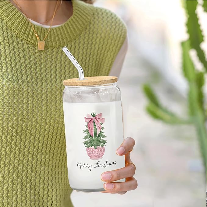 Chinoiserie Coquette Christmas Tree Glass Coffee Cup With Lid And Straws 14oz - Merry Christmas Pink Bow Drinking Jar Gifts For Women Kids Men,Glass Cup For Pink Xmas Decor