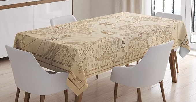 Ambesonne Island Map Tablecloth, Detailed Treasure Map with Unique Nautical Discovery Exploration Theme Print, Rectangular Table Cover for Dining Room Kitchen Decor, 60" X 90", Beige