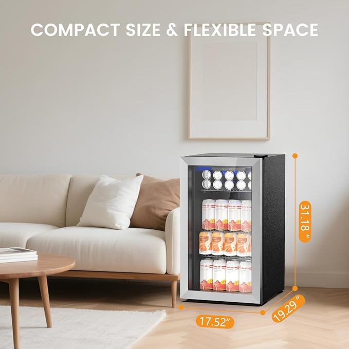 130 Can Beverage Refrigerator Built In Freestanding Wine Fridge with Stainless Steel Reversible Glass Door, Quiet Compressor LED Touch Control for Home Kitchen Bar, 3.2 Cu.ft Silver