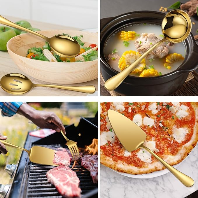 Gold Serving Utensils Set Stainless Steel Large Silverware 7 Piece Include Big Spoon Fork Cake Server Knife Pizza Spatula Pefect for Buffet Catering Flatware