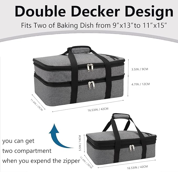 Lestyn Insulated Casserole Carrier Bag - Double Decker Portable Lunch Transport Tote Bag Fits 9"x13" Lasagna Baking Dish to Keep Food Hot/Cold for Gathering/Potluck Parties/Cookouts/Picnics -Gray